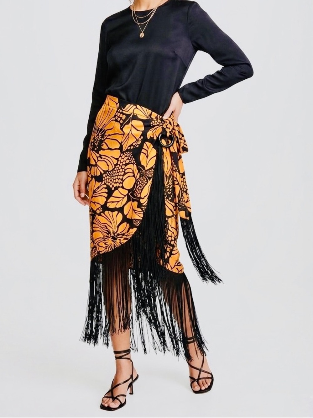 AZULU Floral Gold Satin & Black Fringe Wrap Midi Skirt